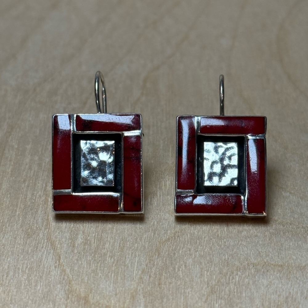 Red enamel and Sterling Silver Geometric‎ Earrings